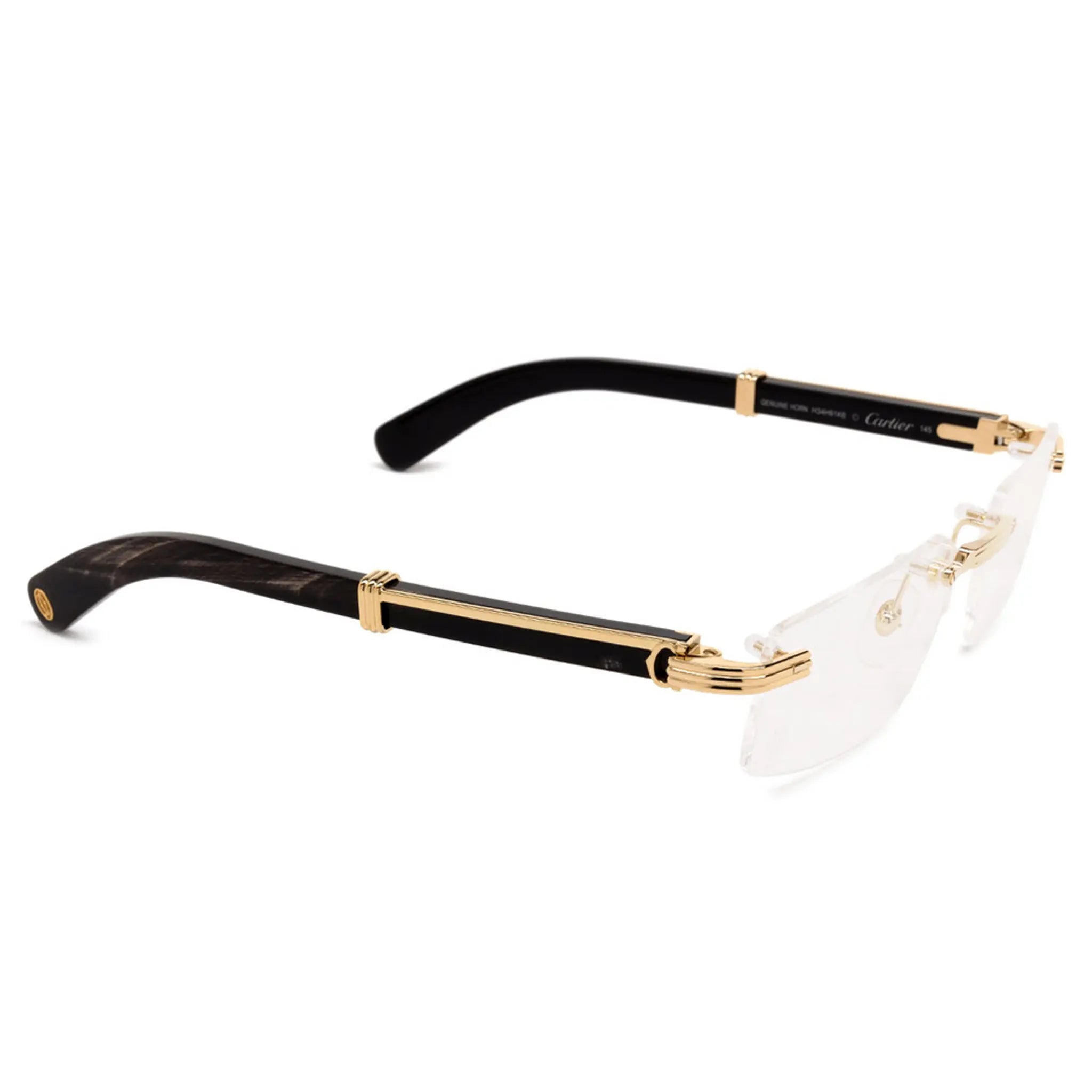 Front View of Cartier Eyewear Premiere CT0485O-001 Transparent Buffalo Horn Black Gold Rimless Sunglasses